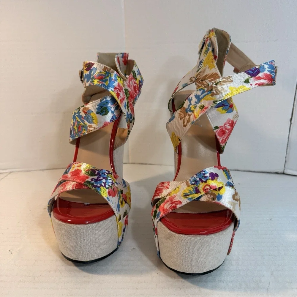 Women's Size 41 Sandals Platform Wedges Floral Print Satin Buckle Straps Ladies